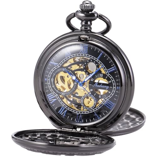 SIBOSUN 懐中時計 スケルトン 機械式 ダブルケース 手巻き ローマ数字 アンティークチェーン メンズ, 3 ブラック ブルー, 機械式。